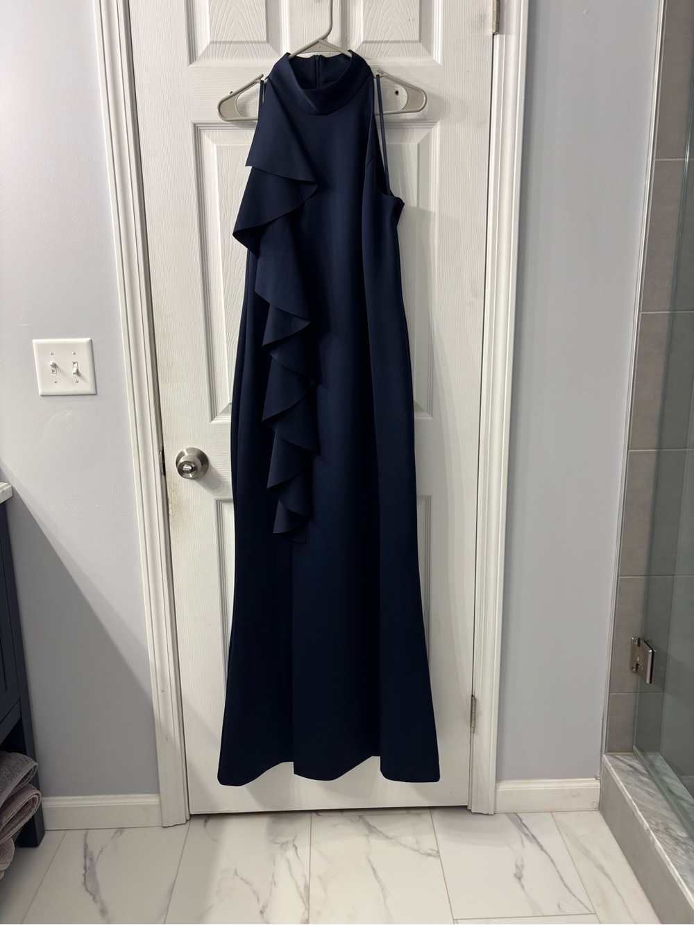 Jessica Howard Navy Ruffle High-Neck Maxi Dress